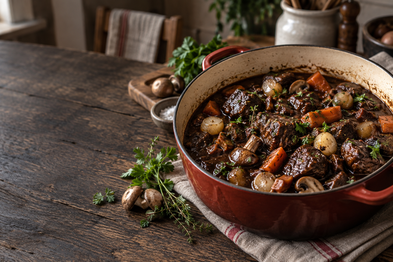 Une cocotte de bœuf bourguignon, carottes et champignons